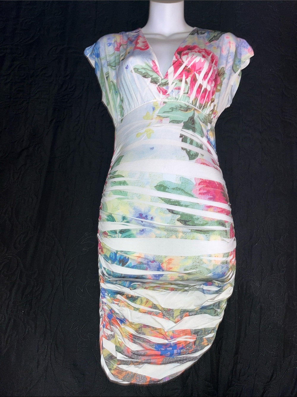 Body Central White Floral Midi Dress with Multicolor Print